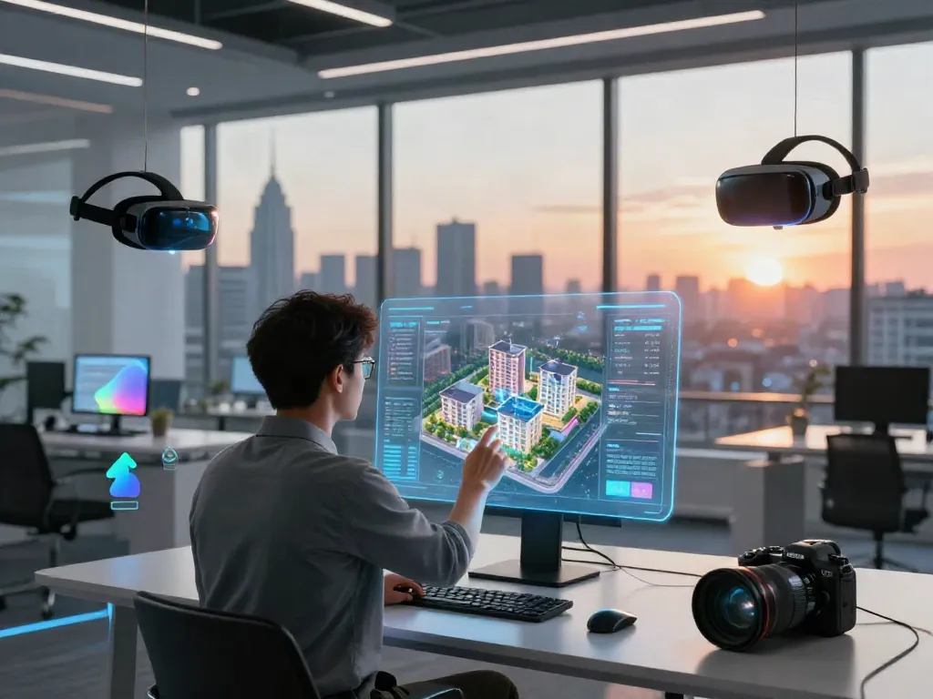 Exploring rokok88 virtual property investments through innovative digital technology in a modern office.