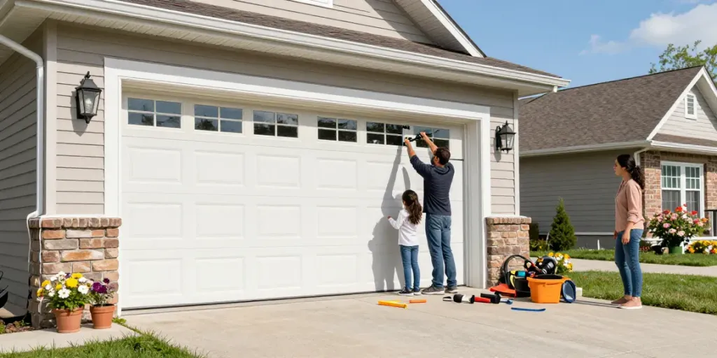 Garage door installation Niagara Falls with family teamwork on a sunny day.