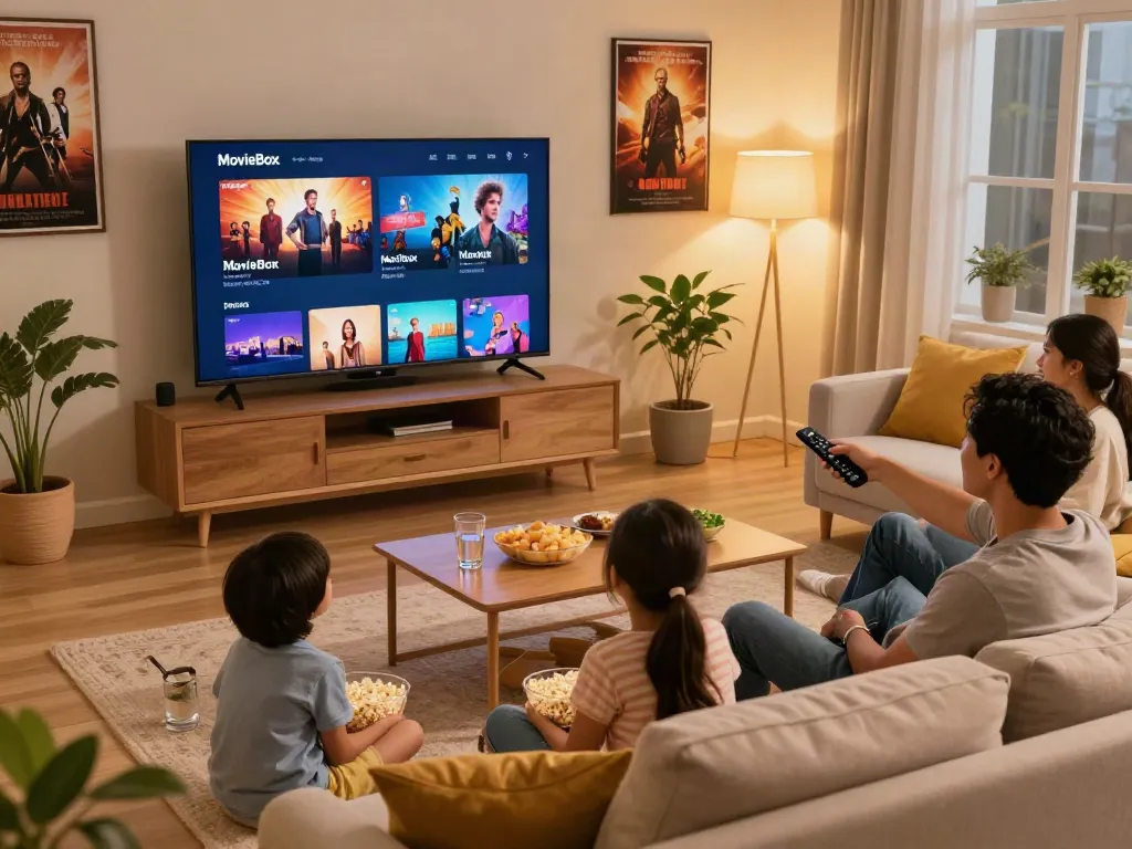 Family enjoying a cozy movie night using movie box download on large TV, with popcorn and warm ambiance.