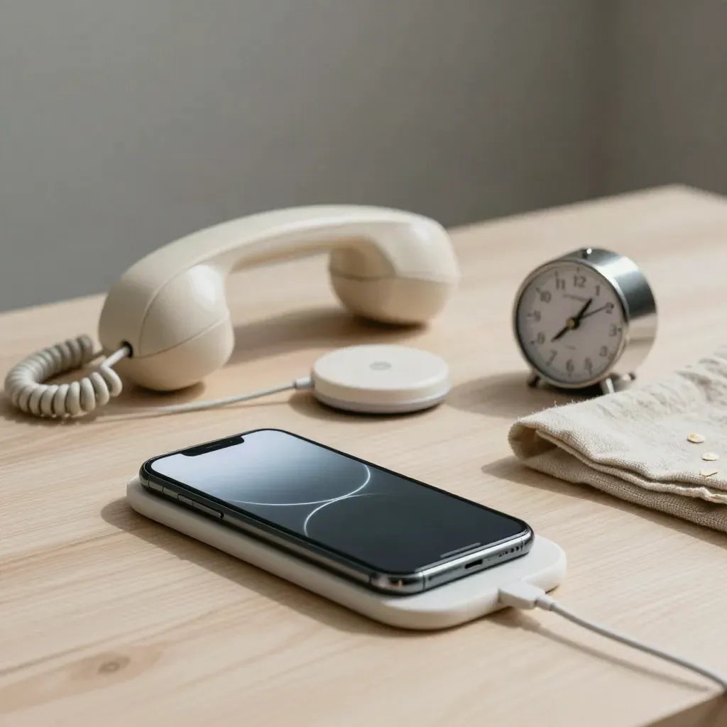 Smartphone on charger with handset and timer on pale wood for a clinic booking moment.