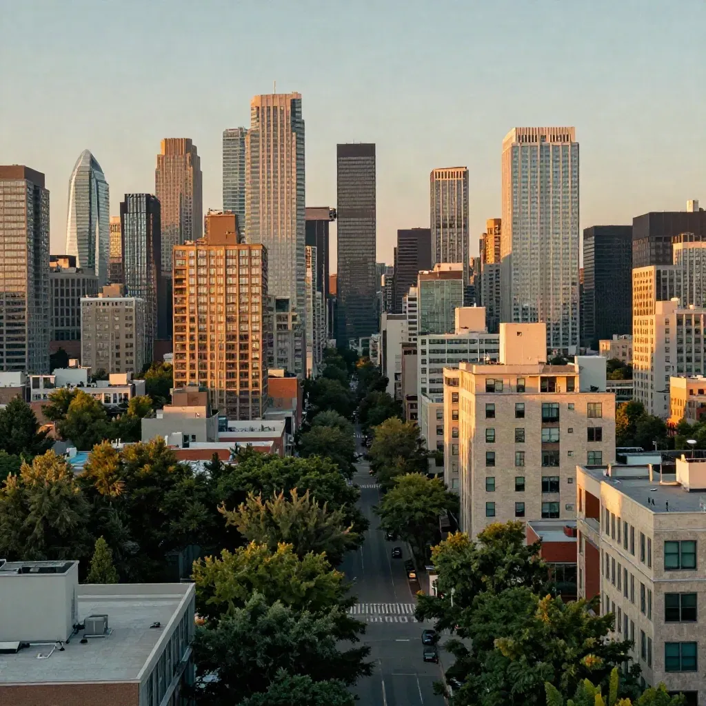 Golden Midtown Toronto skyline over a calm tree-lined avenue in warm haze.