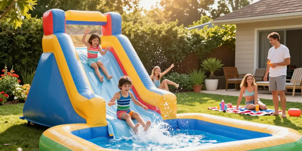Children enjoying an inflatable water slide at a sunny backyard, splashing water and smiles.
