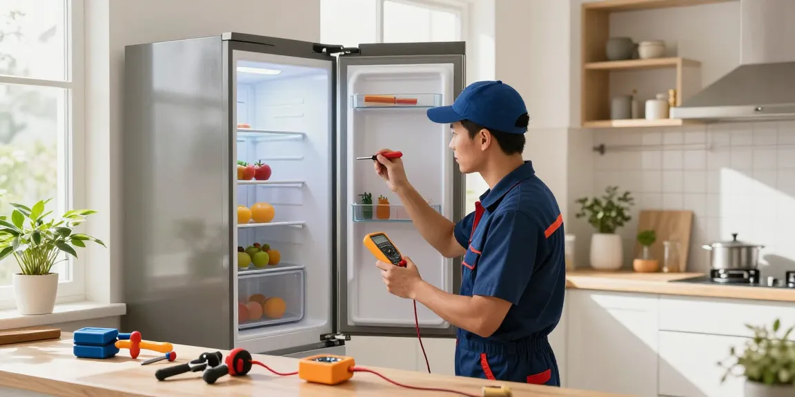 Appliance Repair Vaughan technician inspecting a refrigerator in a bright kitchen, ensuring efficient service.